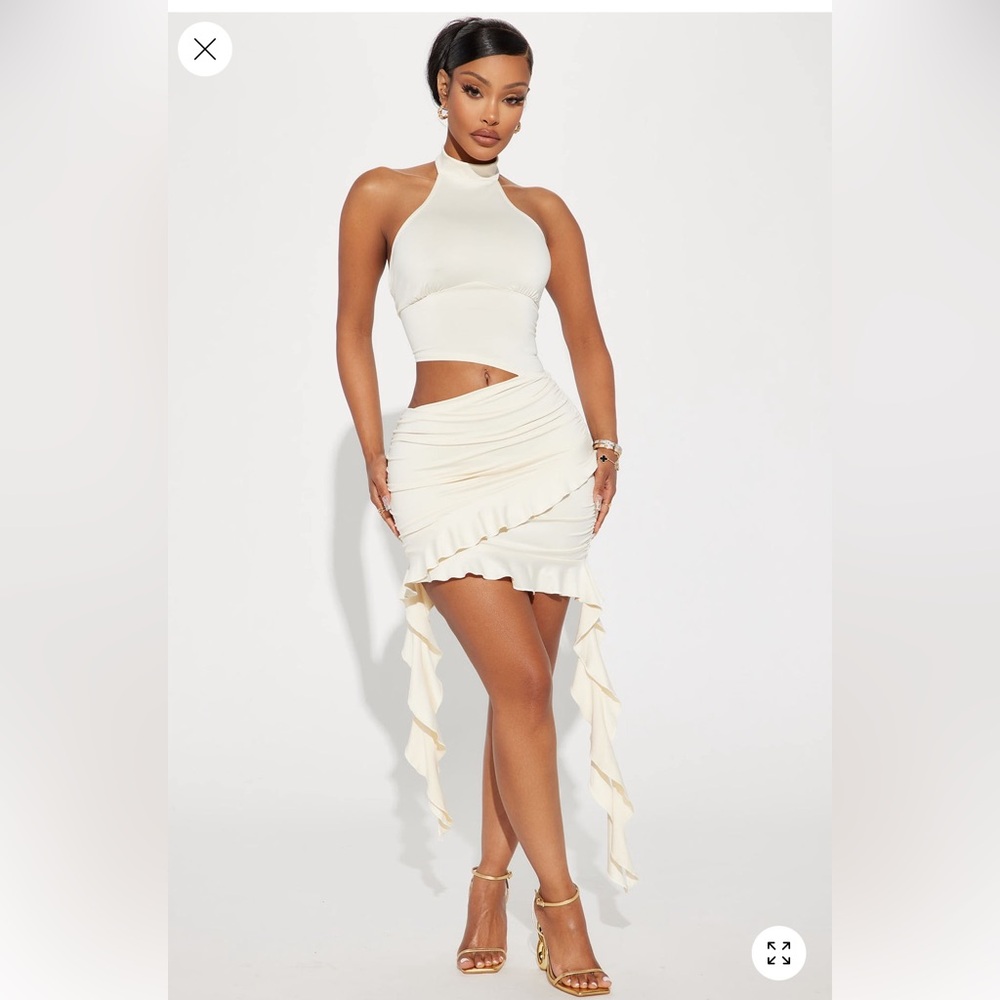 Fashion Nova Cream Asymmetrical Ruffle Skirt